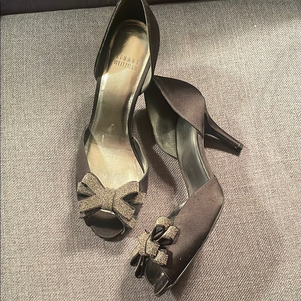 Stuart Weitzman Black and Silver High Heels with Peep-Toe - Picture 3 of 5